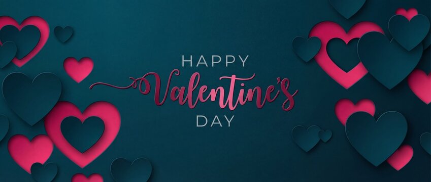 Happy Valentine's Day text with cutout paper hearts on green background 3D Rendering, 