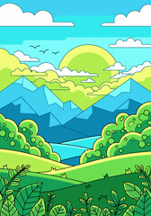 Naklejka premium Vibrant and serene vector landscape illustration capturing a picturesque mountain range at sunrise, with lush green rolling hills, a peaceful river, and fluffy clouds under a bright sky
