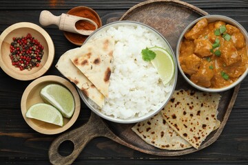 Delicious chicken tikka masala, rice, cilantro, lime, lavash and spices on wooden table, flat lay