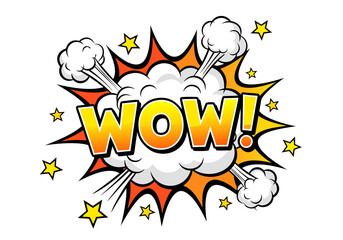 Energetic graphic design element showcasing a burst of 'WOW!' in a vibrant starburst cloud, symbolizing surprise, wonder, and impressive reactions or news