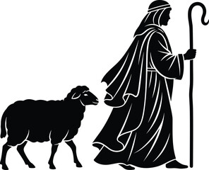 Shepherd and sheep silhouette illustration, biblical pastoral artwork, Christian faith symbolism, guiding shepherd figure with lamb, religious vector design