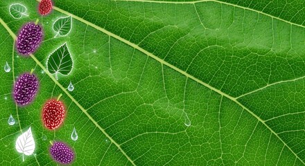 Vibrant Green Leaf with Berries and Dew Drops Close-Up