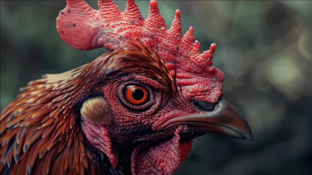 A detailed view of a chicken's face, focusing on its vibrant red comb and sharp beak.
