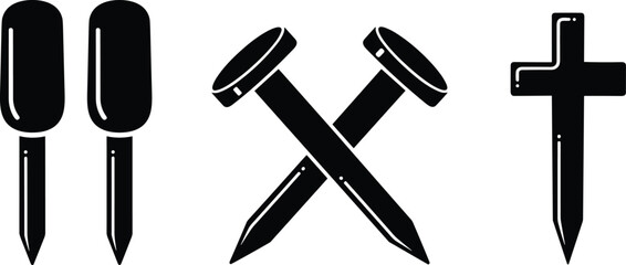 Crucifixion nails and cross illustration, Christian symbolism artwork, religious passion elements vector, sacred silhouette design for faith and worship themes