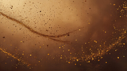 Obraz premium Warm brown abstract backdrop with golden particles and flowing dust streaks. Textured surface and shimmering specks create a dynamic visual effect