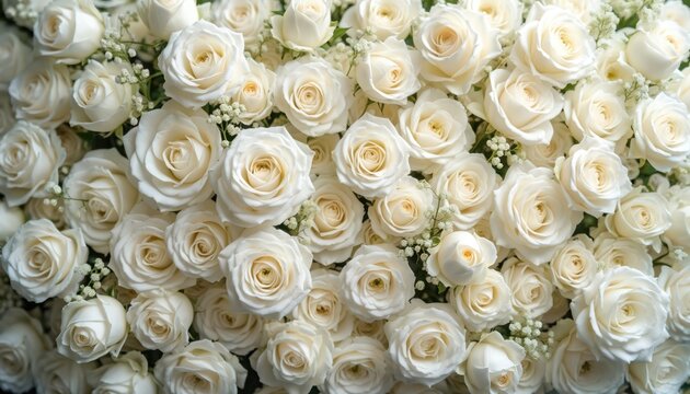 Close-up of rich white rose bouquet arrangement. Delicate petals and small white flowers create a soft, elegant floral backdrop. Perfect for wedding celebrations or romantic themes.