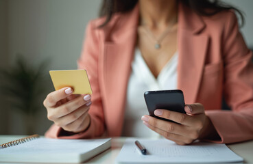 Woman holds gold credit card and smartphone. She browses online shop making purchase using mobile app. Payment via banking is easy and fast for consumer at home.