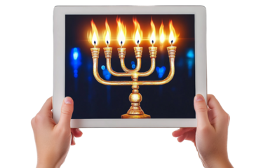 Animated Hanukkah menorah displayed on a digital tablet highlighting the holiday candle-lighting ritual isolated on transparent background PNG