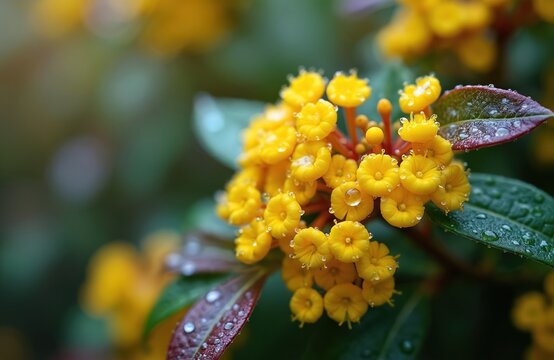 Close up of yellow Berberine shrub flowers after rain with water droplets on leaves. Natural plant macro detail shows vibrant petals and fresh green foliage in soft focus.