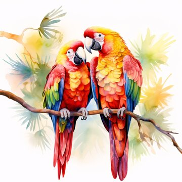 Colorful macaws perch together on a branch with tropical foliage