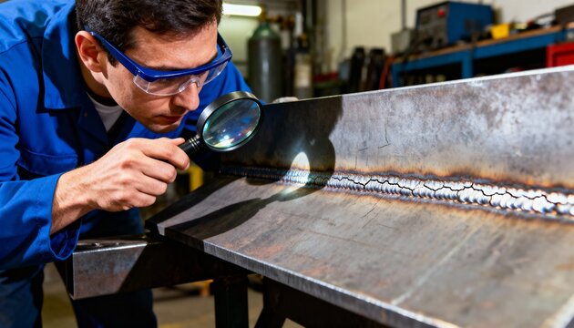 Visual weld inspection in medium shot focusing on a specialist examining weld seams closely for surface cracks and imperfections under bright lighting.