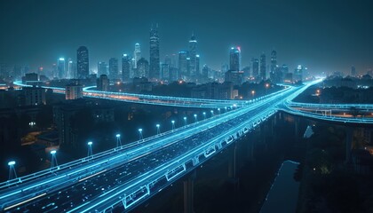 Fototapeta premium Neon blue glowing highways curve through futuristic cityscape at night. Complex transport network connects skyscrapers in modern urban environment. Digital infrastructure visualizes city
