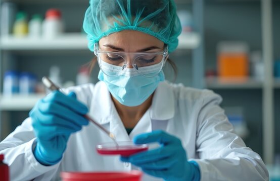 Woman scientist in protective gear works in lab. She examines sample in petri dish with tool. Focus on research, development, and medical discovery in clean environment.