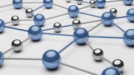 Interconnected spheres in network arrangement, illustrating digital connections and data flow. These spheres are linked, depicting the idea of global networking and connectivity