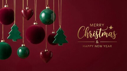 Merry Christmas and Happy New Year.  Golden  metallic text with red and green hanging ornaments against dark  red background. 