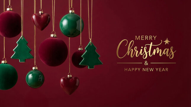 Merry Christmas and Happy New Year.  Golden  metallic text with red and green hanging ornaments against dark  red background. 