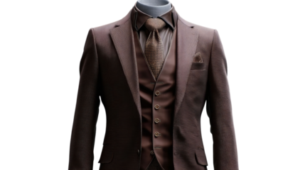 PNG of Elegant men's brown suit with a vest and tie, showcasing sophistication and style.