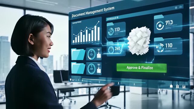 Professional businesswoman standing confidently in front of a large screen displaying complex graphs and information about management systems, pointing to key data points with ease as she.