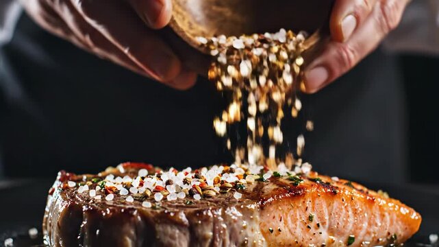 Hands pouring black pepper over grilled salmon fillet in closeup view. Chef seasoning fresh fish dish with spices. Culinary food preparation process and cooking technique.