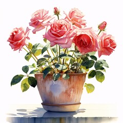 Obraz premium Elegant pink roses arrangement in watercolor painting style isolated on white background