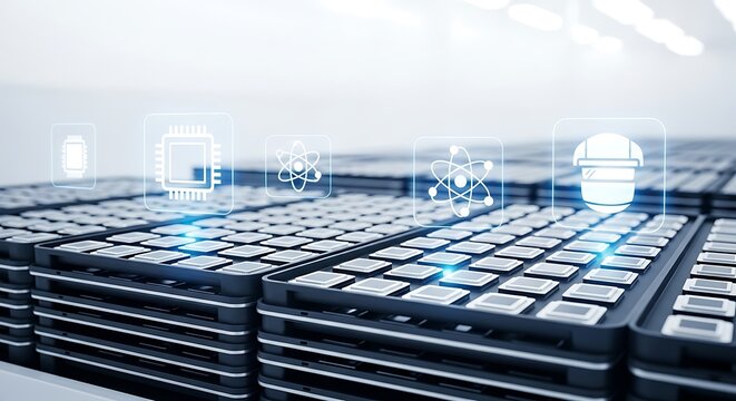 Rows of high-tech lithium-ion battery modules on a production line with glowing digital icons symbolizing smart factory automation and EV technology