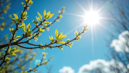 Tree branches with green leaves against a vibrant blue sky. Sunlight shines. Fresh foliage grows. Nature outdoors in spring. Renewal and new life blooms.