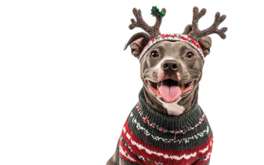 Cute dog dressed in a holiday sweater with antlers headband for Christmas-themed photos isolated on transparent background PNG