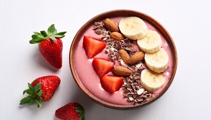strawberry banana smoothie bowl with chocolate and almonds on white background