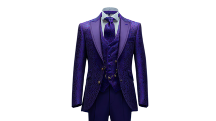 PNG of Elegant purple formal suit featuring intricate patterns and tailored fit, perfect for special occasions and celebrations.