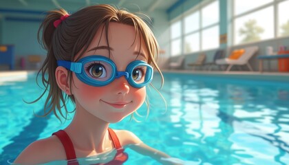 Young girl in blue goggles smiles in swimming pool. Kid enjoys water fun. Child learns swim, plays in blue water. Summer activity for happy kid.