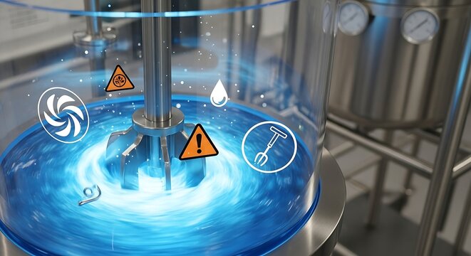 Industrial mixing process with holographic data overlays and safety warnings, showcasing technological innovation in manufacturing - Powered by Adobe