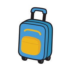 Suitcase packed with vacation essentials in blue and yellow colors, perfect for travel and summer holiday concepts for design projects.
