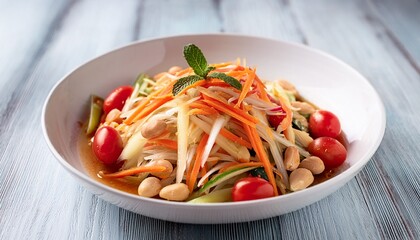 delicious thai green papaya salad som tum with carrots peanuts and cherry tomatoes in a white bowl