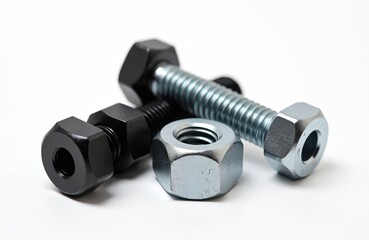 Close photo of bolts and nuts. Metal fasteners on white background. Steel hardware for construction. Engineering equipment isolated. Mechanical parts for industrial usage.