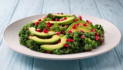 vibrant kale salad with avocado pomegranate and seeds on white plate
