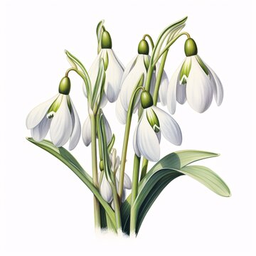 Group of snowdrop flowers bloom in spring on a white background