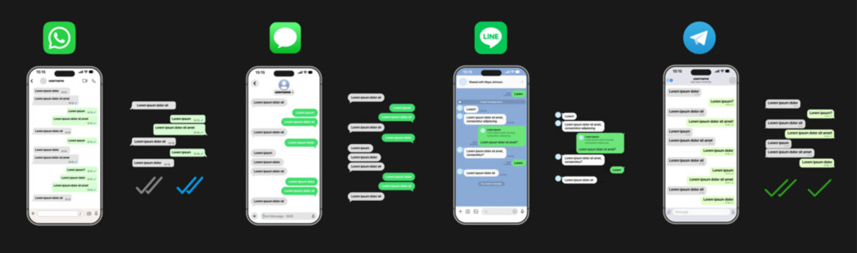Chat multi app layout showing WhatsApp iMessage Line Telegram bubbles direct messages send ticks delivered status profiles and full modern messaging interface vector illustration