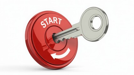 A key unlocking a red START button, ready to begin