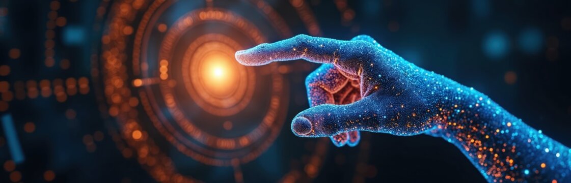 Glowing blue robotic hand reaching towards a bright orange light. Futuristic tech concept with intricate circuitry and glowing nodes. High tech innovation and digital future. - Powered by Adobe