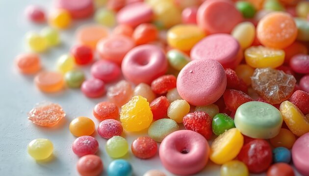 Assorted colorful candies scattered across light surface creating playful, joyful confectionery display. Many sweets in various shapes like round discs, small pieces visible, with sugary coating.