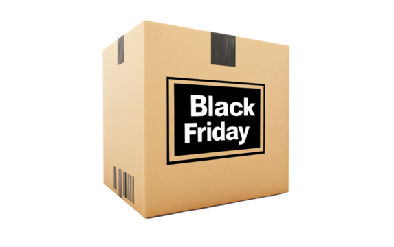 Digital box mockup showcasing Black Friday deals for ecommerce packaging and product delivery isolated on transparent background PNG