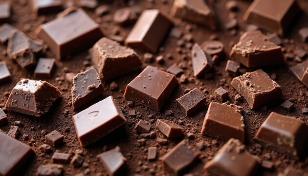Broken chocolate bar pieces and shavings scattered on a dark surface. Many small squares of milk chocolate are visible. Delicious sweet food background.