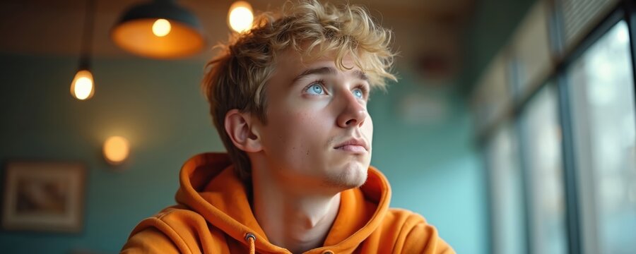 Young man with blond curly hair, blue eyes, wears orange hoodie, gazes upwards thoughtfully. Indoor setting with soft lighting and blurred background, suggesting contemplation or aspiration.