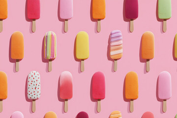 A row of colorful ice cream sticks with different flavors and designs
