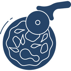 Dark Blue Silhouette of a Whole Pizza Being Sliced by a Pizza Cutter on a Transparent Background Representing Food Preparation and Dining