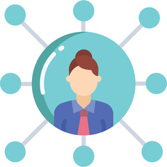 Abstract representation of a woman in a light blue circle connected to teal dots with light blue lines symbolizing networking communication and digital connectivity isolated on a clean background