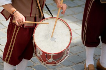 Medieval Drummer Playing Traditional Parade Drum