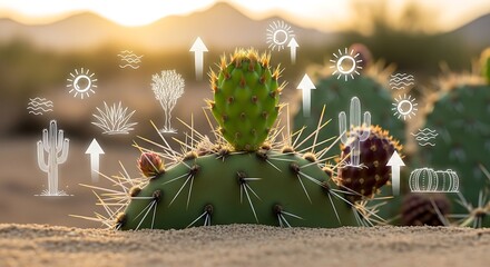 Growth in Arid Lands Cactus Thriving in Desert Sands with Growth Arrows and Plant Icons