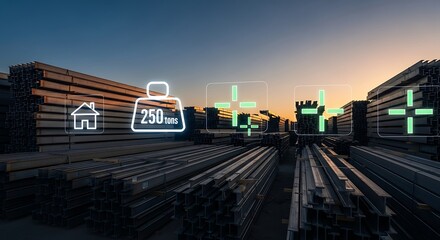 Warehouse Scene with Augmented Reality Overlay Featuring Dimensions and Navigation Elements
