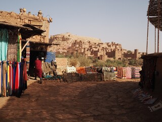 Panorama of the Ait Ben Haddou ksar, an Arab town built of clay on a hill. Traditional Moroccan...